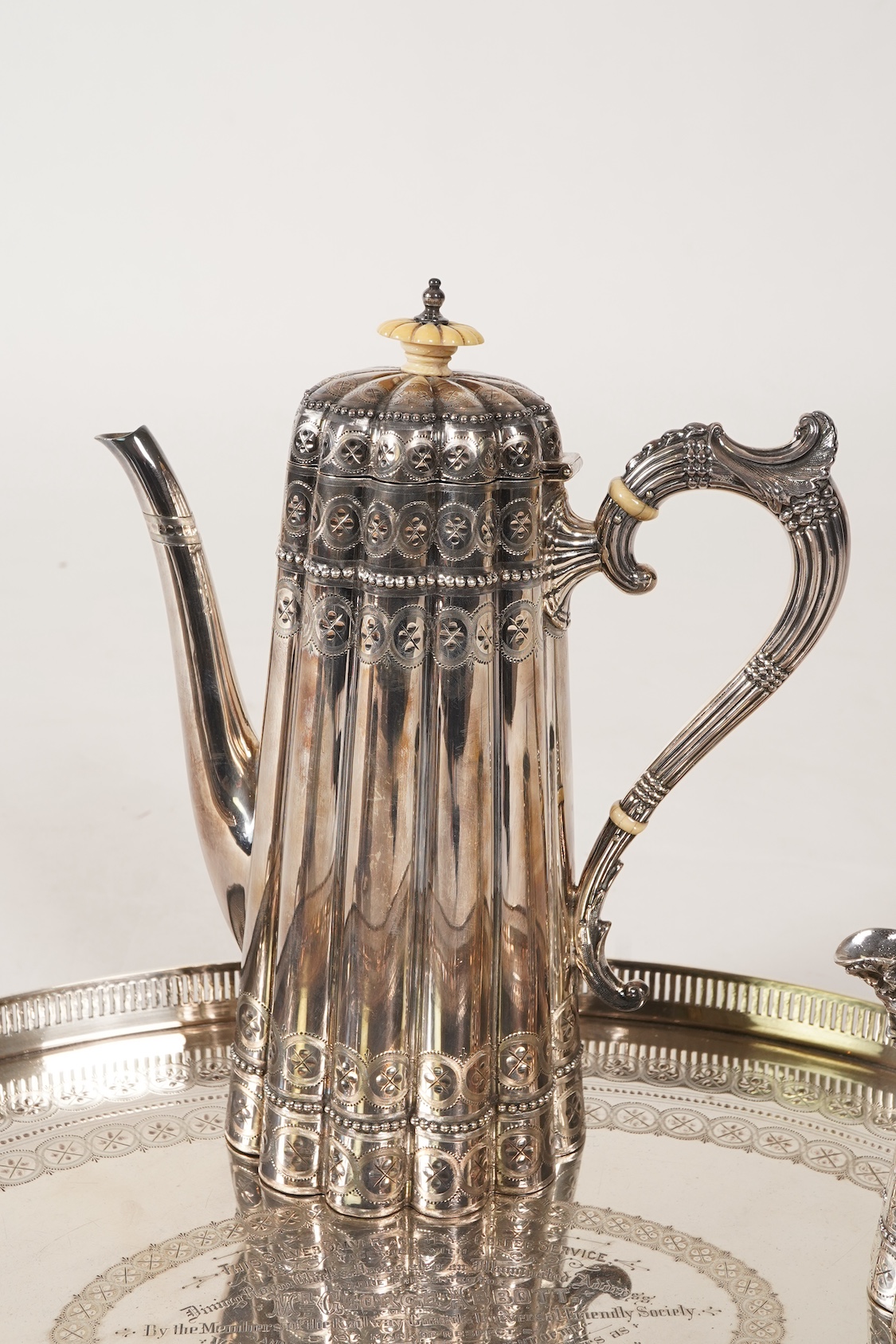 A late Victorian five piece silver tea and coffee service, all pieces with makers marks for John Edward Bingham and Walker & Hall